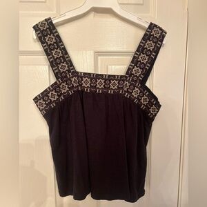 Lucky Brand Black and Cream Embroidered Tank Top